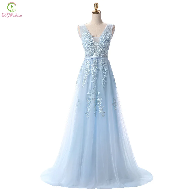 Sweet Light Blue Lace V-neck Lacing Long Evening Dress Tunics stripes playful