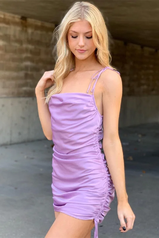 Tie Shoulder Lilace Pleated Homecoming Dress Party Dress Tunics Long Elegant