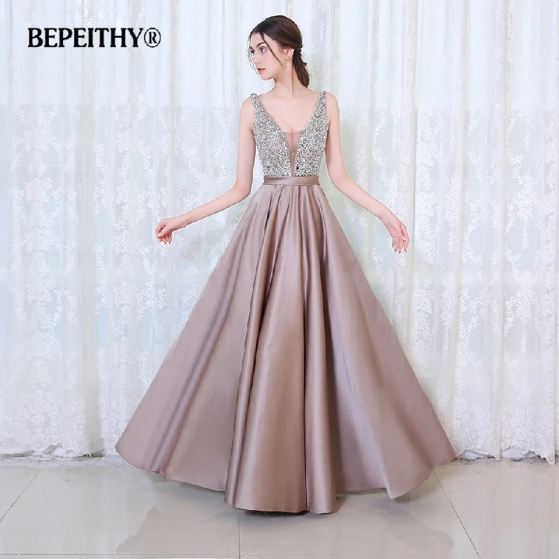 V-Neck Beads Bodice Open Back A Line Long Evening Dress Tunics Vintage classic