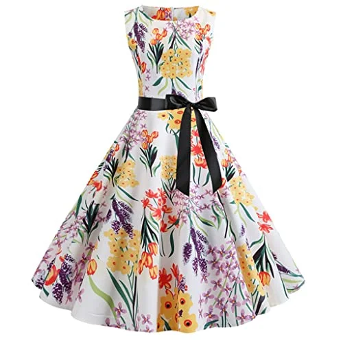 Vintage Print Midi Sundress Party Dresses Belt Plus Size Casual Summer Dresses Women Robe (Color : A, Size : Lcode) | Original Brand Tunics Solid Classic