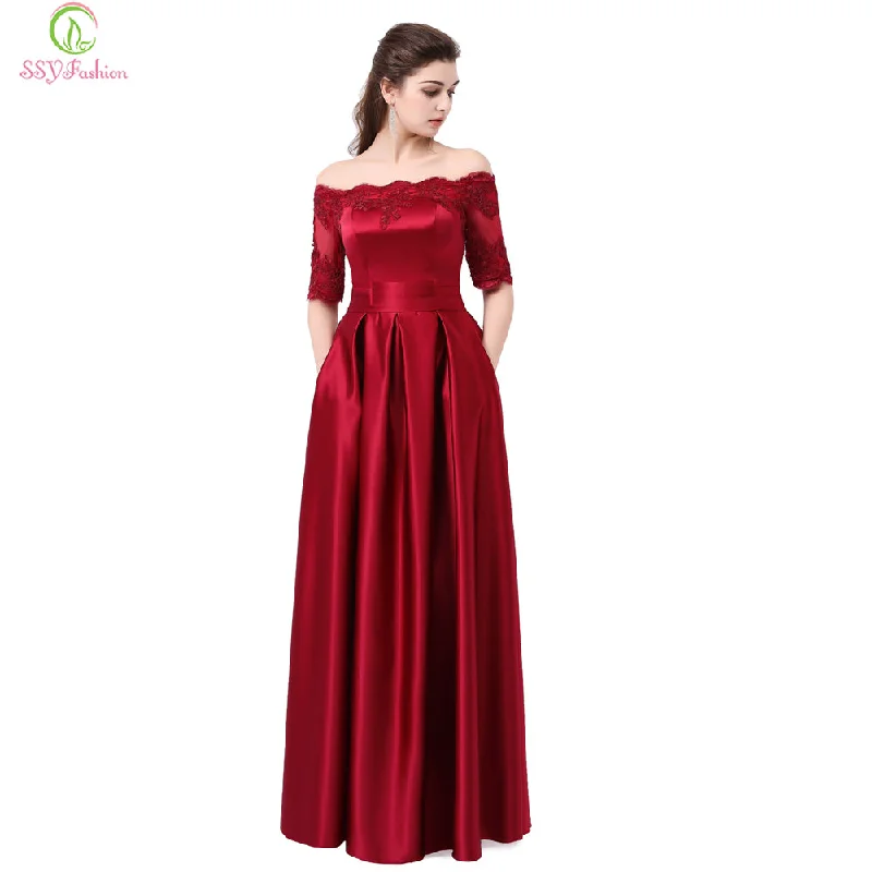 Wine Red Lace Embroidery Luxury Satin Evening Dress Tunics Chinos classic
