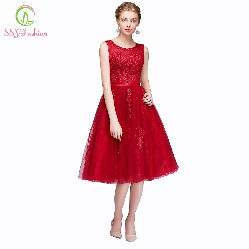 Wine Red Lace Embroidery Sleeveless A-line Evening Dress Tunics Business professional