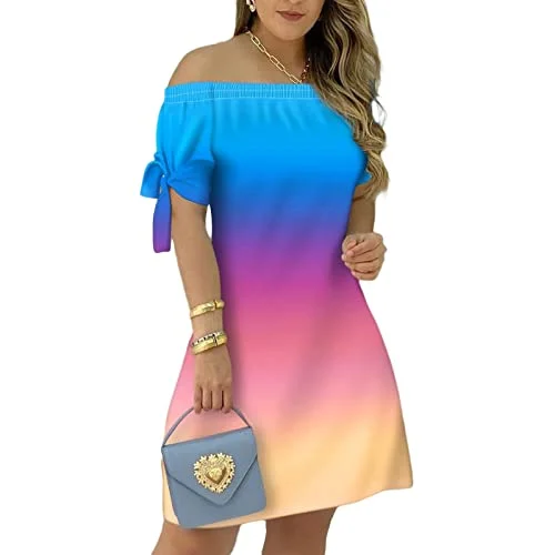 Women Casual Summer Sun Dresses Off Shoulder Short Sleeve Striped Short Beach Party Dresses Lace Up Cuffs | Original Brand Tunics Print Colorful
