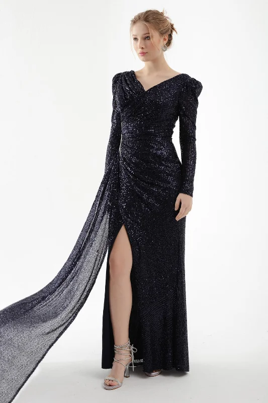 Women Cruve Collar Sequined Long Stone Evening Dress Boat Neckline Classic