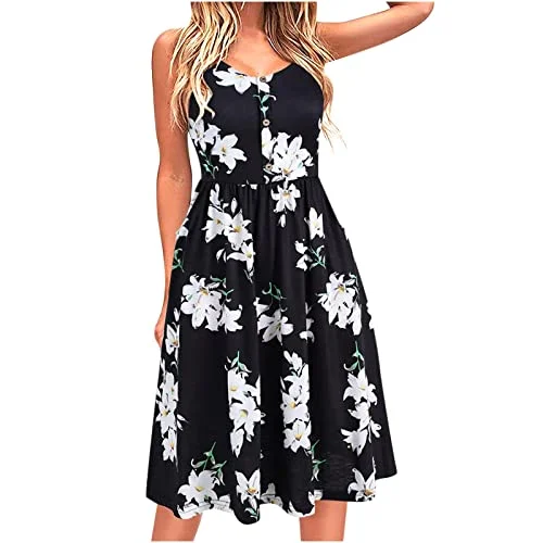 Women Dress Casual Summer Camisole Button Down A Line Beach Strap Party Dresses with Pockets | Original Brand Tunics Prom sequined
