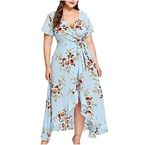 Women Dresses Promotion Sale Clearance, Ladies Plus Size V-Neck Floral Print Short Sleeve Dress Party Dress Plus Size Dress Party Dress Vintage Dress UK Size S - XXXXL | Original Brand Pleated Skirt Elegant