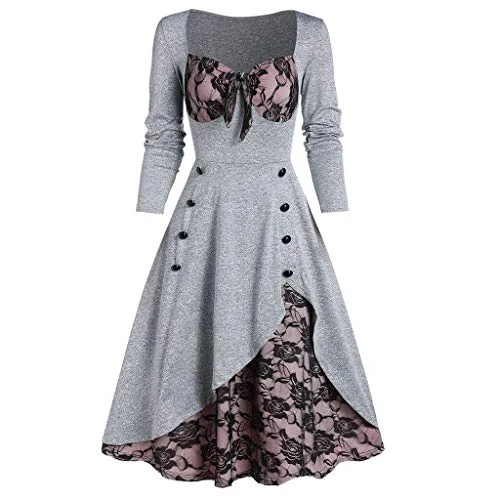 Women Dresses Promotion Sale Ladies Oversize Party Dress Flower Lace Insert Mock Button Bowknot Vintage Dress Plus Size Dress Party Dress Vintage Dress UK Size S - XXXXL | Original Brand Off-the-shoulder Chic Trendy