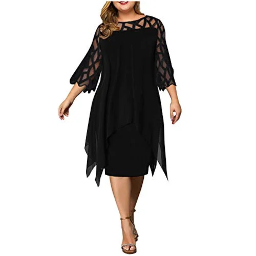 Women Dresses Promotion Sale Ladies Perspective Mesh Chiffon Hollow Out O-Neck Double Oversize Dress Skirt Plus Size Dress Party Dress Vintage Dress UK Size S - XXXXL | Original Brand A-Line Day Work