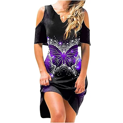 Women's Casual O-Neck Loose Print Short Sleeve Mid-Length Off-The-Shoulder Dress UK Size Party Dress Sale Tunics Short Trendy