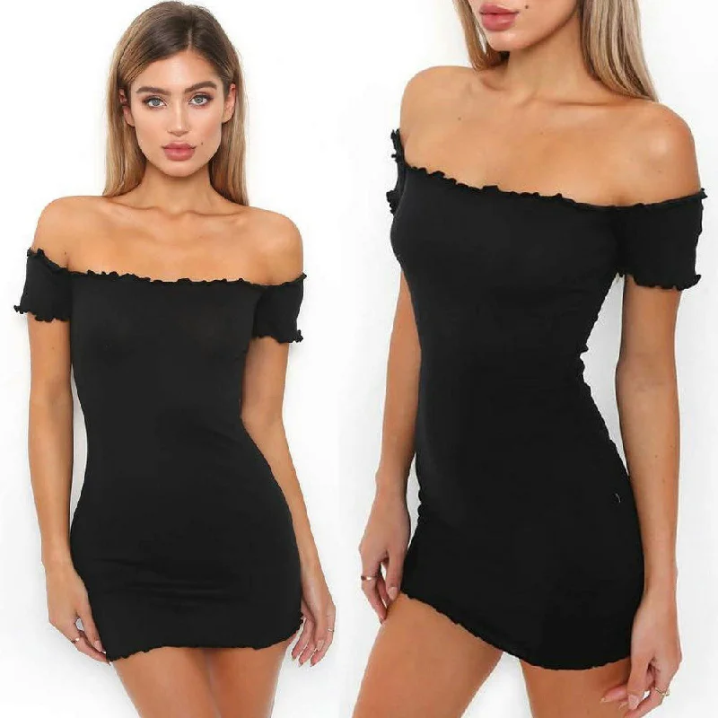 Womens Off Shoulder Mini Dress Ladies Short Sleeve Crimping Party Dress Tunics Bestseller popular