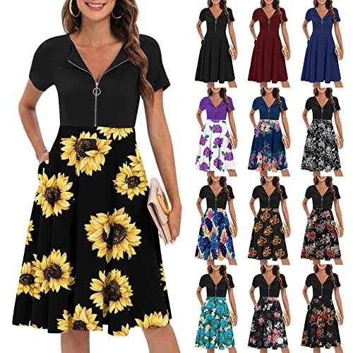 Womens Summer Dresses Short Sleeve, Zipper Vintage Dresses Casual Floral Flared Midi Party Dress with Pockets | Original Brand Tunics Cozy comfortable