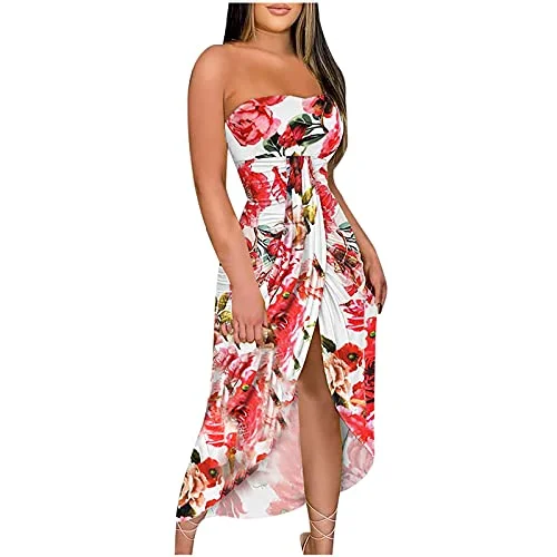 Womens Summer Wrap Dresses Fold Split Strapless Solid Floral Beach Dress Sundress Casual Long Party Dresses | Original Brand Chiffon Maxi Beach