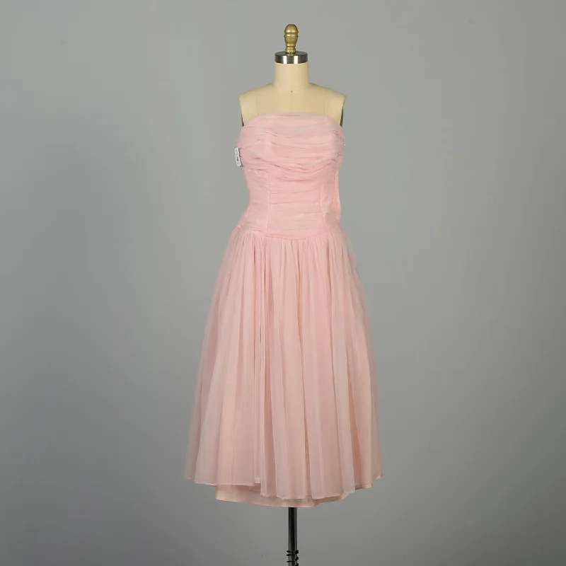 XXS 1950s Pink Party Dress Ruched Barbie Strapless Crew Neckline Casual