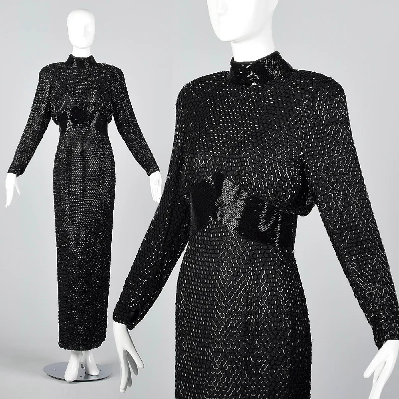 1980s Oleg Cassini Silk Beaded Black Evening Dress Tunics Spring floral