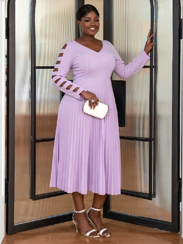AOMEIDRESS Women V Neck Party Dress Hollow Out Midi Pleated Dresses Tunics New arrival