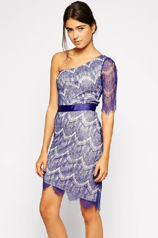 Blue One Shoulder Lace Party Dress Tunics Sophisticated sleek