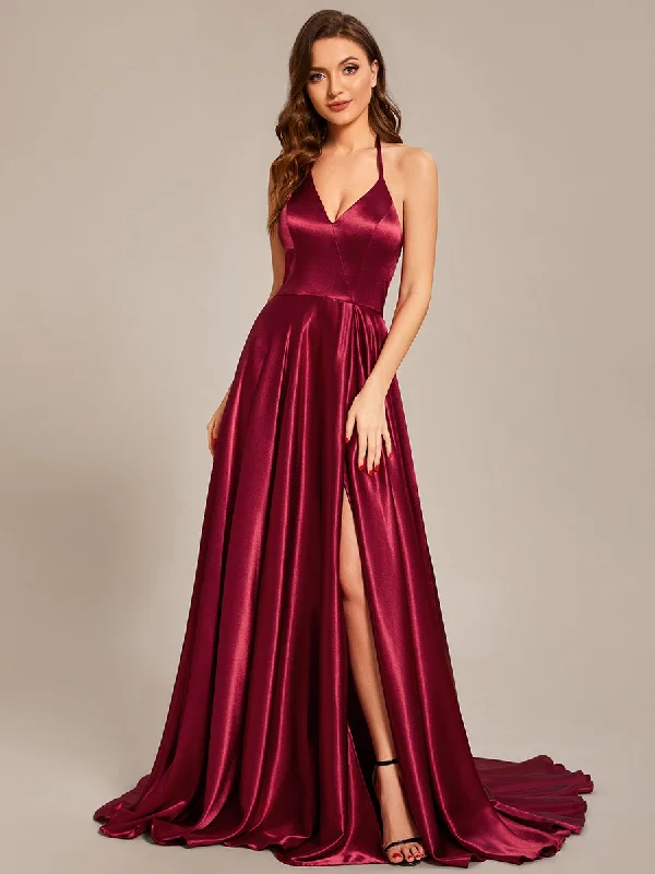 Deep V-Neck Bandage Backless Side Split Spaghetti Straps Evening Dresses Turtleneck Warm Winter