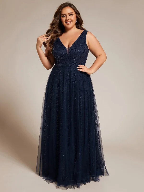 Elegant Plus Size V-Neck Backless Sequin Evening Dress with Sleeveless Tunics Luxurious high-end