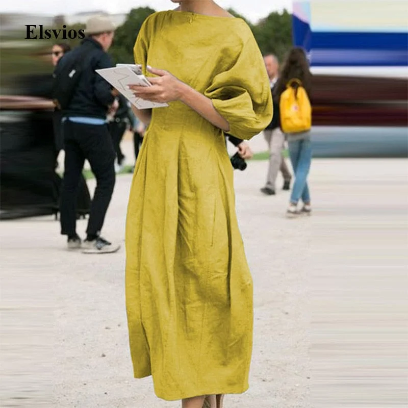 Elsvios Vintage Cotton Linen Pleated Dress Elegant Women Lantern Sleeve Party Dress Ladies Solid O Neck Maxi Long Dress Vestido Tunics Evening elegant