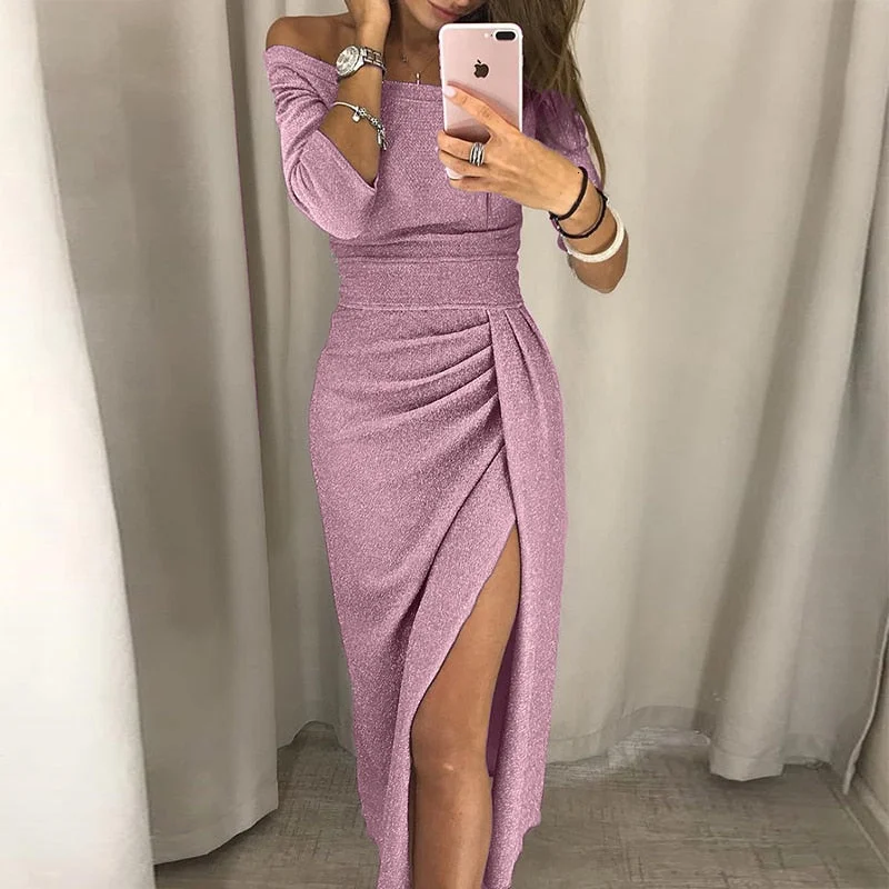 Long Sexy Off Shoulder Party Dress Women High Slit Bodycon Shein Dress Autumn Three Quarter Sleeve Bright Silk Shiny Dress Tunics Running lightweight