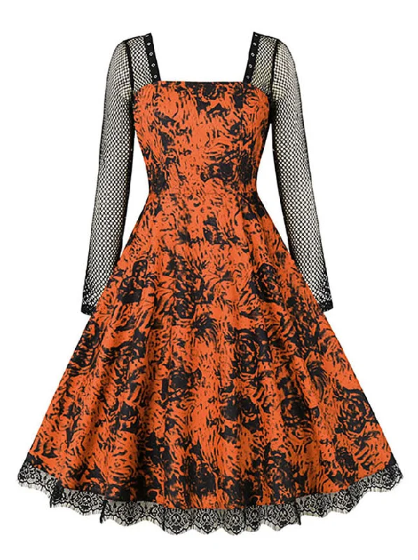 Long Sleeves High Waist Dress Women's Retro Floral Sleeve A-Line Swing Party Dress Tunics Mesh breathable
