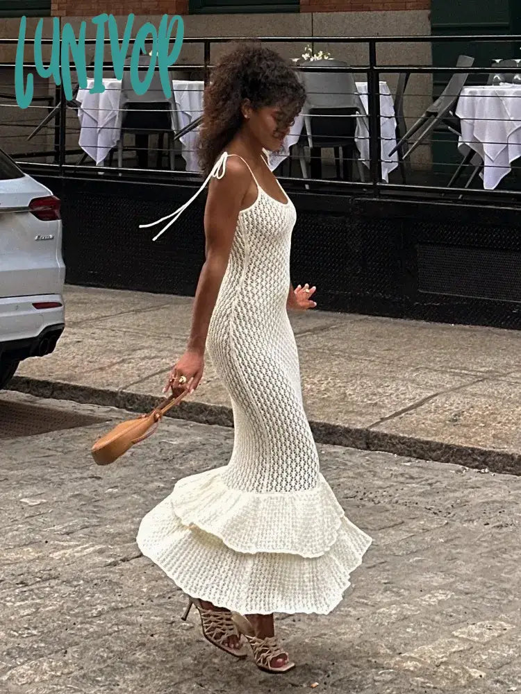 Lunivop Elegant White Ruffles Maxi Dress for Women Sexy Hollow Out Knitted Holidays Dress Summer Strap Sleeveless Party Dresses Tunics Sophisticated sleek