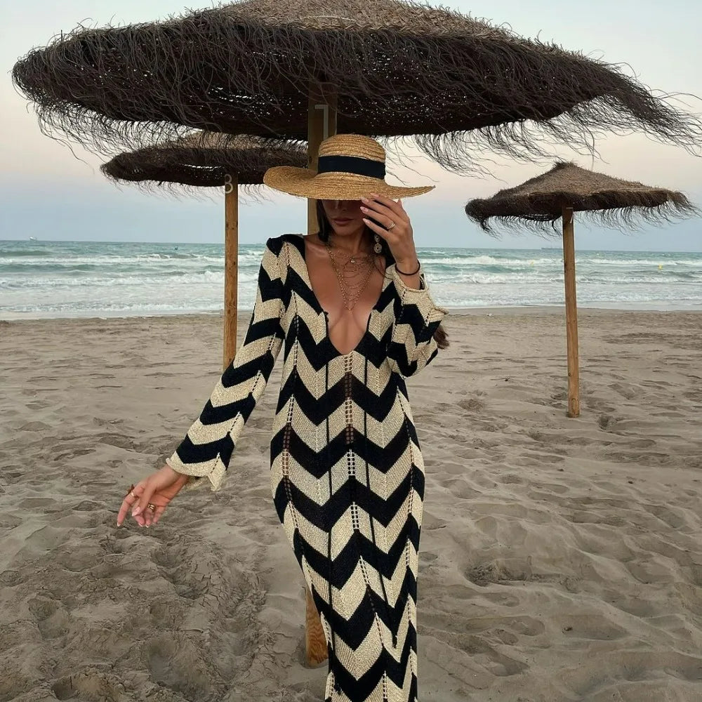 Lunivop Wave Striped Knitted Dress Women Elegant Long Sleeve Slim Beach Holiday Dresses Autumn Fashion Hollow Out Maxi Party Dress Tunics Stylish modern