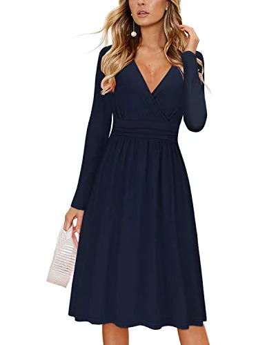 OUGES Womens Leopard Print Long Sleeve Midi V-Neck Wrap Waist Party Dress with Pockets Mermaid Tail Wedding