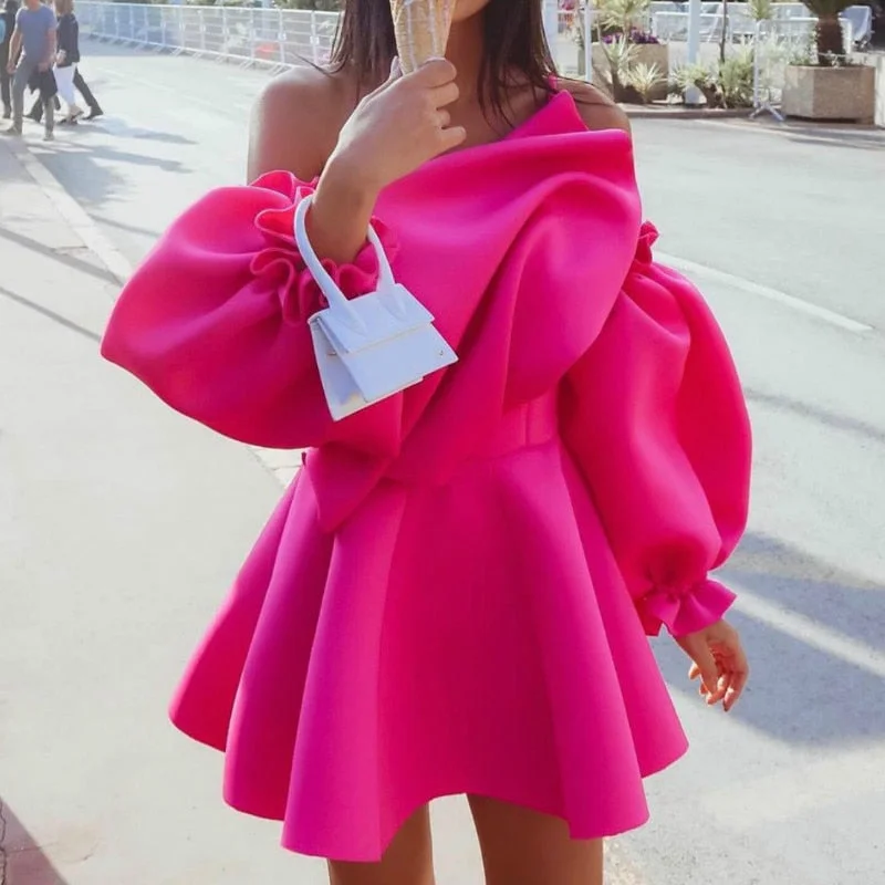 Party Dress Mini Sexy Pleated  Puff Sleeve One Shoulder Spaghetti Strap Women Backless Clubwear Dinner Night Tunics Femme Robes Tunics Leisure comfortable