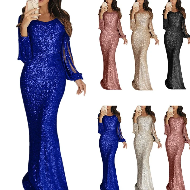 Sequin Tassel Long Sleeve Dress Fringe Sukienka Elegant Long Party Dresses Evening Robe 2019 Sexy Shiny Dress Floor Length Women Tunics Trousers formal