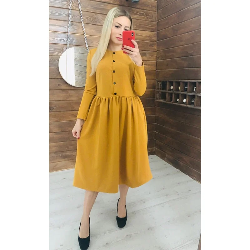 Women Autumn Winter Solid a Line Party Dress Ladies Long Sleeve o Neck Elegant Dress 2019 Loose Fashion Mid  Length Party Dress Tunics stripes playful