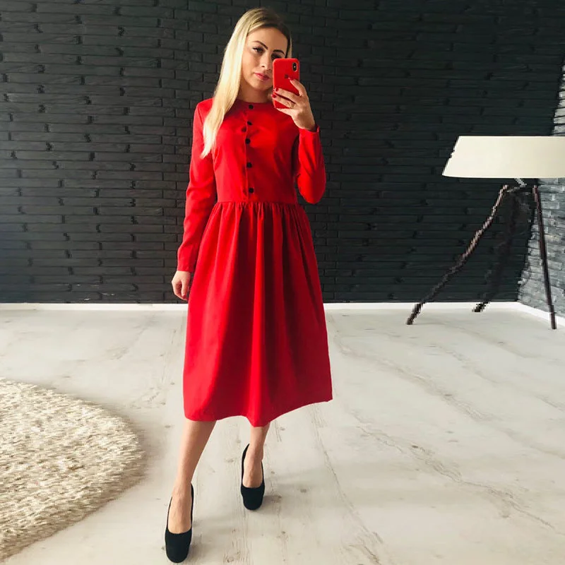 Women Casual a Line Party Dress Ladies Long Sleeve o Neck Button Elegant Dress 2019 Autumn Winter Fashion Office Dress Vestidos Tunics Solid Classic