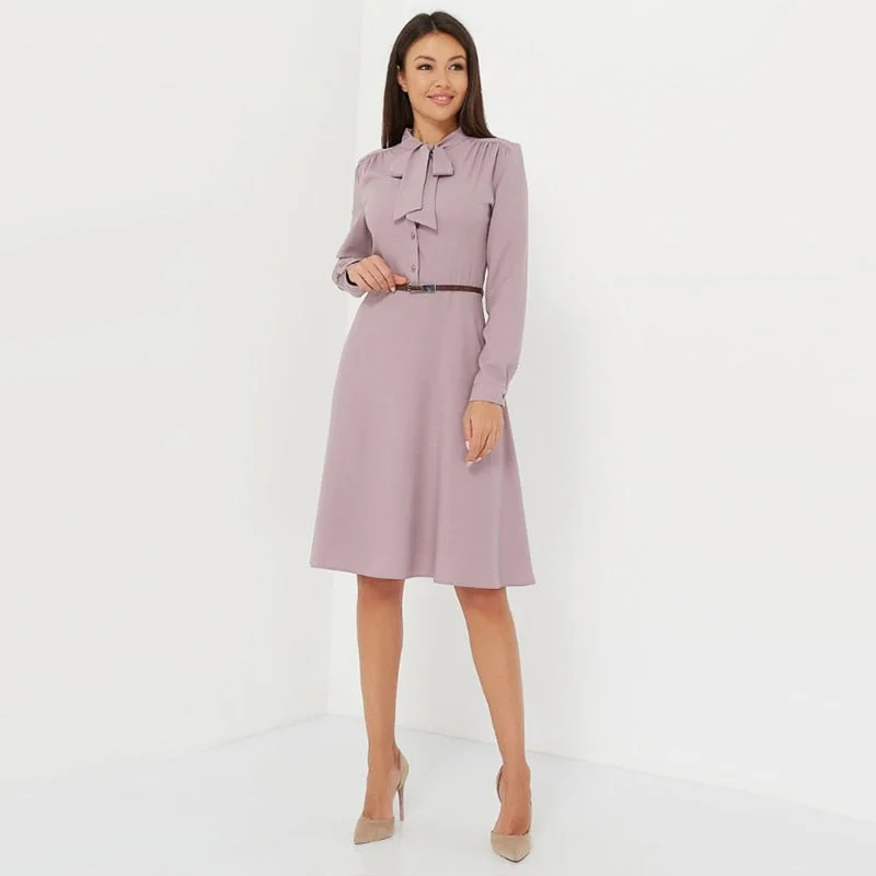 Women Casual Bow Tie a Line Party Dress Ladies Long Sleeve Elegant Office Lady Dress 2019 New Fashion Winter Dress Solid Vintage Tunics Top Casual