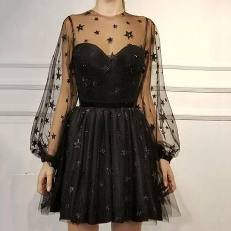 Women Sequin Star Print Tulle Dress Ladies Mesh See-Through Cocktail Party Dress Boat Neckline Classic