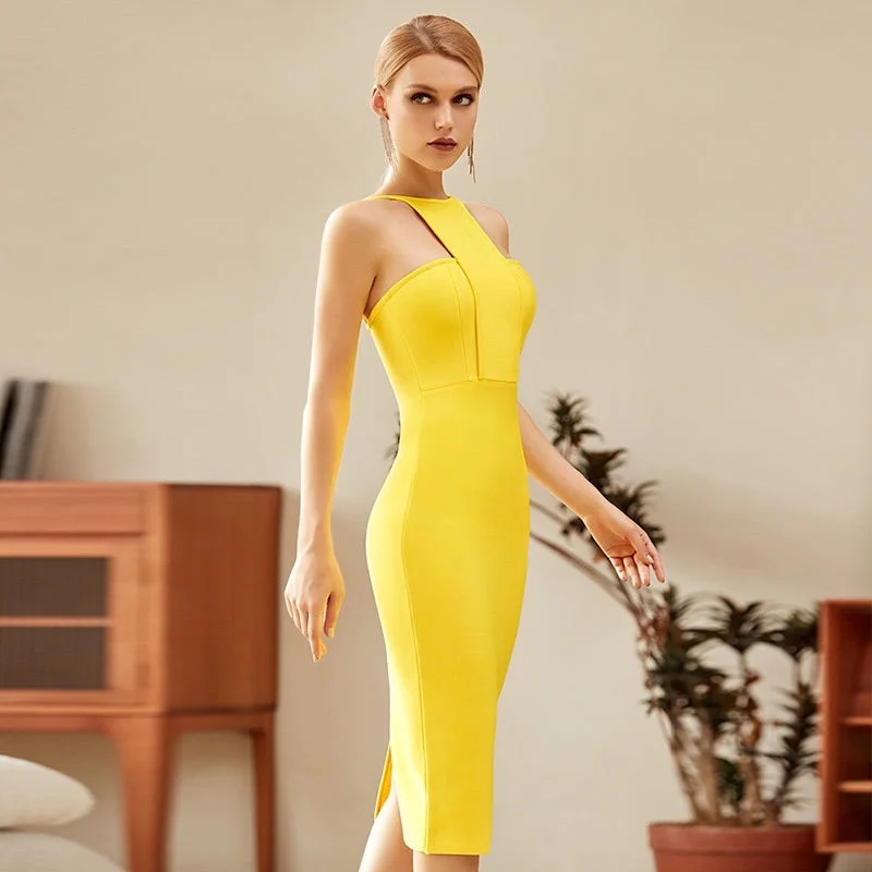 Women Yellow Bodycon Bandage Dress Sexy Halter Party Dresses Tunics Wedding white