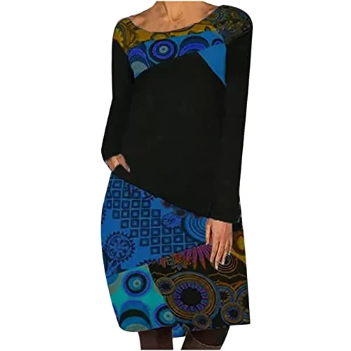 Women's Dress Sweet & Cute Dress Ladies Summer Casual Long Sleeve O-Neck Patchwork Printed Dress Fancy Cocktail Dress Party Dress Maxi A-line Dress Tunics Silk luxurious