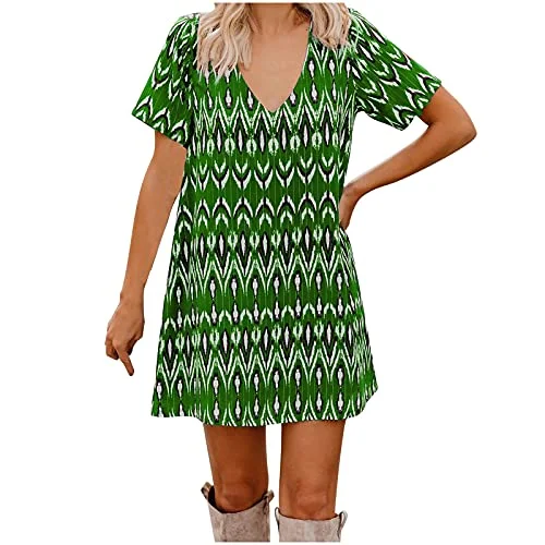 Women's Dress Sweet & Cute Dress Ladies Summer Loose Print Casual V-Neck Short-Sleeve Dress Fancy Cocktail Dress Party Dress Maxi A-line Dress Tunics Satin smooth
