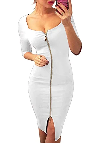 YMING Women's Deep Square Collar Party Dress Zipper Front Dress Bodycon Midi Cocktail Dress Tunics New arrival