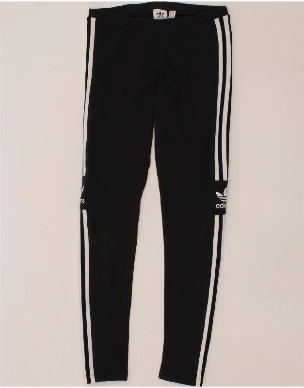ADIDAS Womens Graphic Leggings UK 10 Small Black Cotton Comfortable Ribbed Sports Leggings