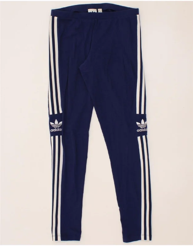 ADIDAS Womens Graphic Leggings UK 12 Medium Navy Blue Cotton Trendy Leather-Look Workout Leggings