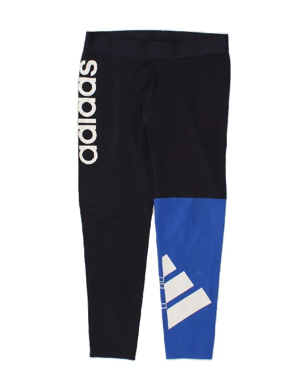 ADIDAS Womens Graphic Leggings UK 16/18 Large Navy Blue Colourblock Cotton Cozy Cotton Leggings
