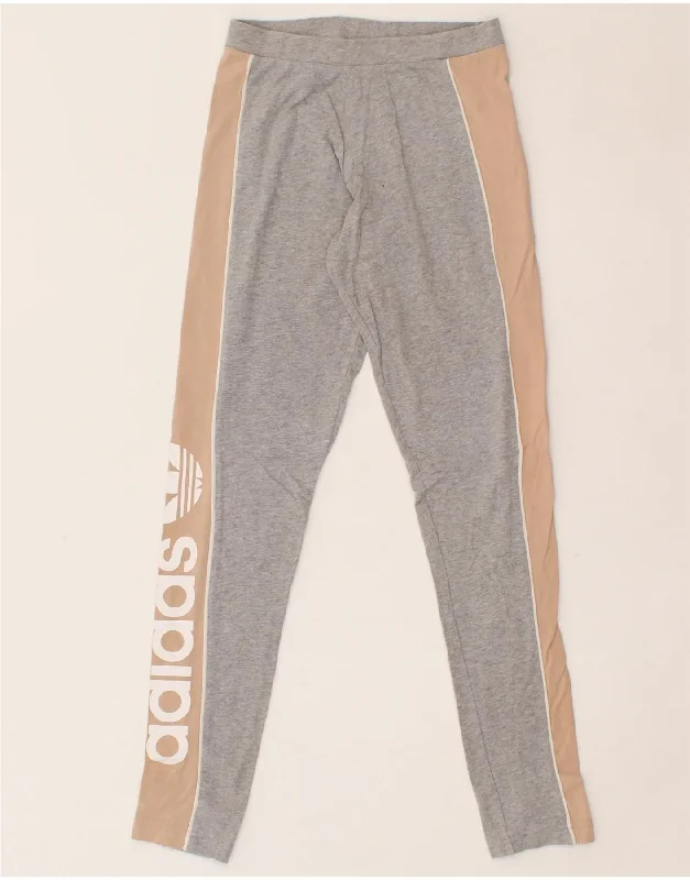ADIDAS Womens Graphic Leggings UK 4 XS Grey Colourblock Cotton Stylish Pockets Active Leggings
