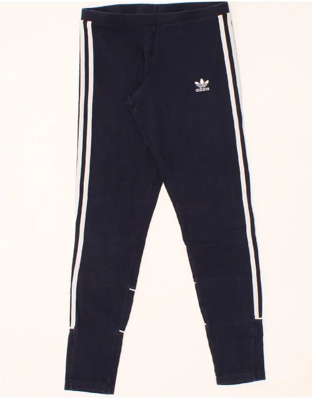 ADIDAS Womens Leggings UK 10 Small Navy Blue Fashionable Floral Active Leggings