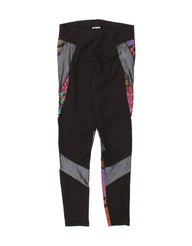 DESIGUAL Womens Abstract Pattern Leggings UK 12 Medium  Black Colourblock Trendy High-Waist Tummy Control Leggings