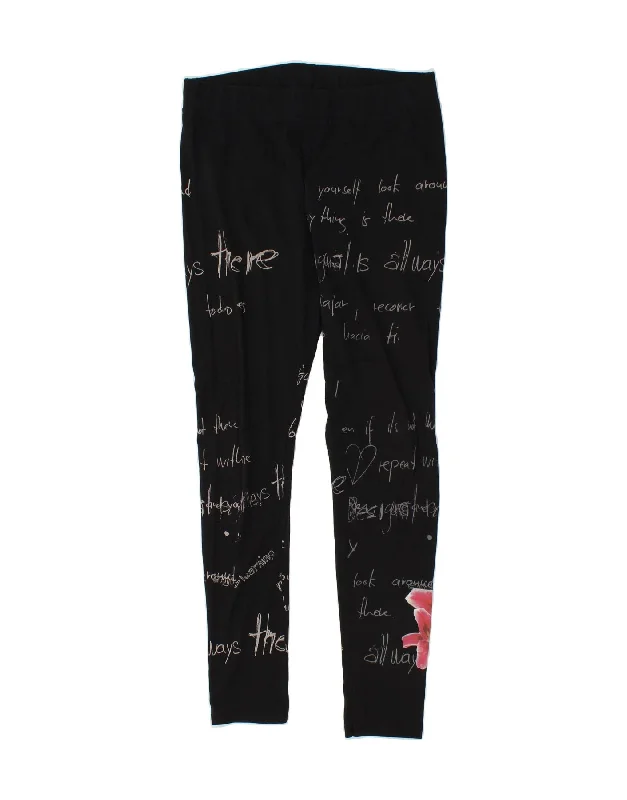 DESIGUAL Womens Graphic Leggings UK 16 Large  Black Cotton Fashionable Smooth Fit Leggings