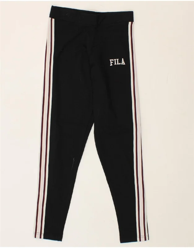FILA Womens Leggings UK 10 Small Black Striped Cotton Trendy Tie-Dye Leggings