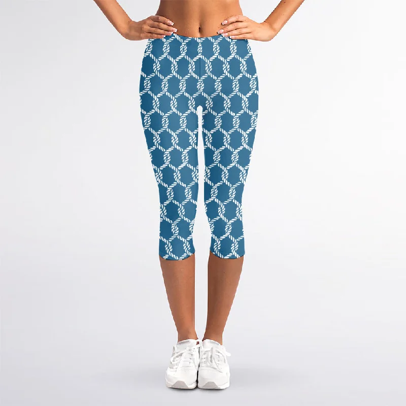Fishing Rope Knots Pattern Print Women's Capri Leggings Trendy Color Block Leggings