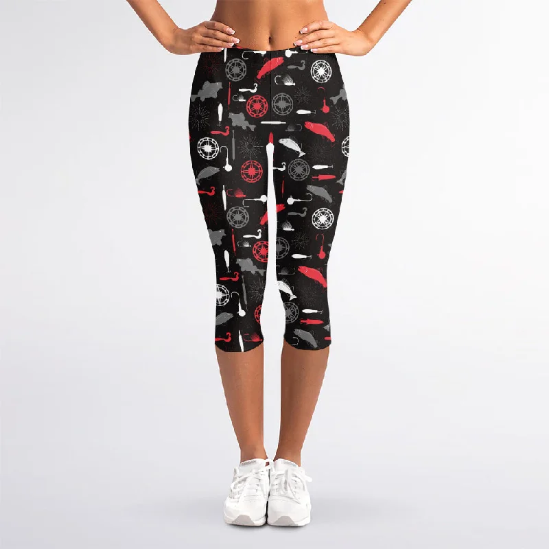 Fishing Theme Pattern Print Women's Capri Leggings Stylish Faux Leather Leggings