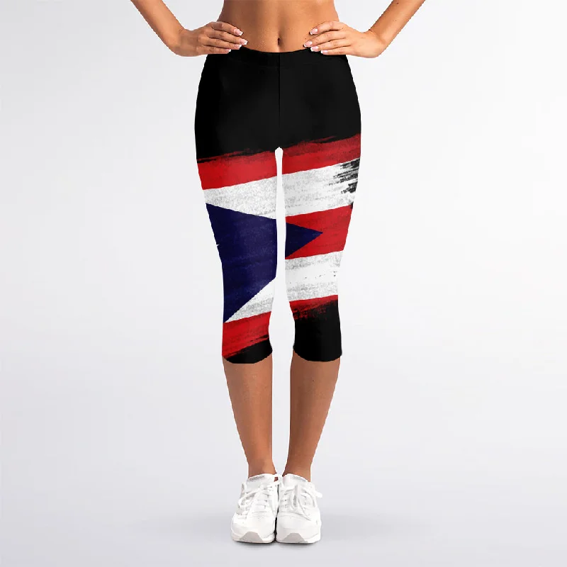 Flag Of Puerto Rico Print Women's Capri Leggings Comfortable Bootcut Workout Leggings