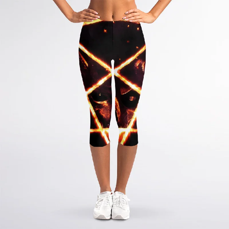 Flame Satanic Pentagram Print Women's Capri Leggings Comfortable Workout Fitness Leggings